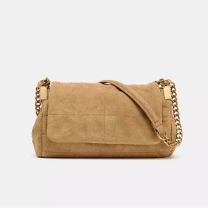 Zara Tan/Sand Spilt Leather Suede Shoulder Bag with Gold Chain